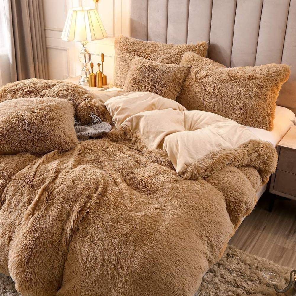 Fuzzy Comforter Set, Brown / Queen 4 Piece Set